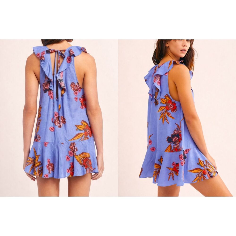 Free People Bluebell Floral Linen Mini Dress Flounce Ruffle Hem Boho L NWT Tunic